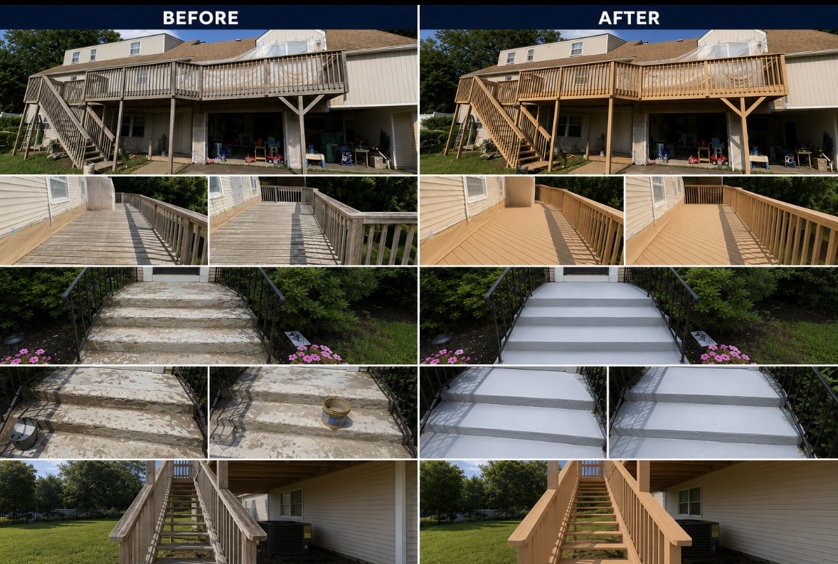Before and after collage showing a restored raised deck, railings and exterior steps